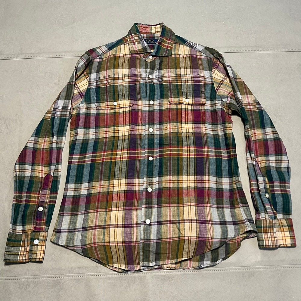 Polo Ralph Lauren Men Plaid Long Sleeve Button Down 100% Linen Multi Color-S8513